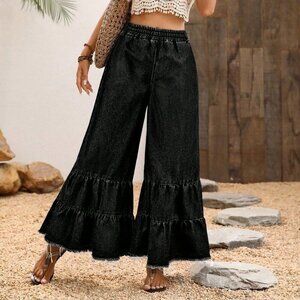 Dark Grey Boho Women's Ruffled Hem Loose Elastic Waist Wide Leg Jeans